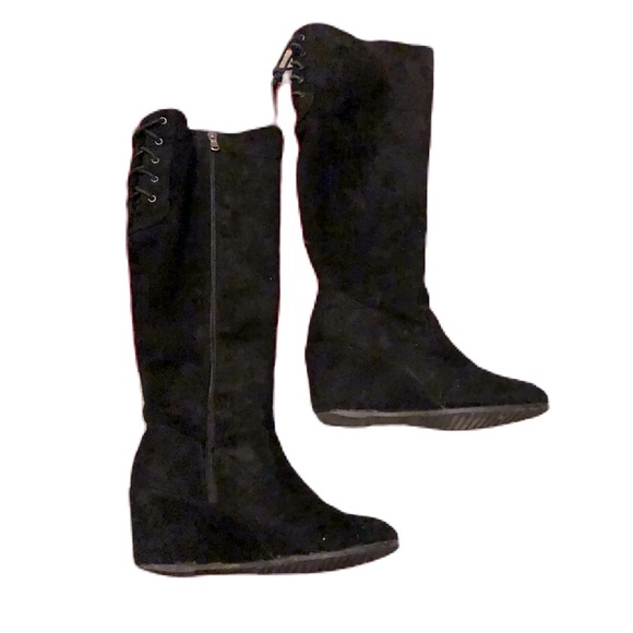 K studio black faux suede laced up lined wedge tall boots size 6 - Picture 1 of 3